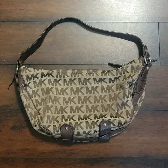 Michael Kors Vintage Brown Leather Canvas Monogram Shoulder Bag Purse